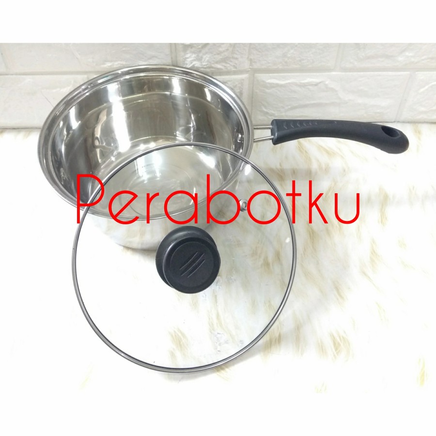 Panci Susu Stenlis 20 cm + Tutup Kaca Ganom / Panci Mie / Panci Gagang