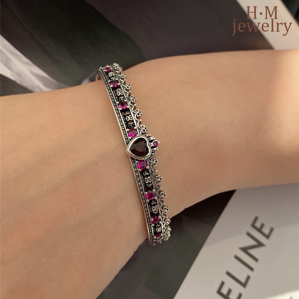 Gelang Tangan Silver Thai Vintage Desain Mahkota Salib Hati Hias Zircon AAA Multi Warna Untuk Wanita