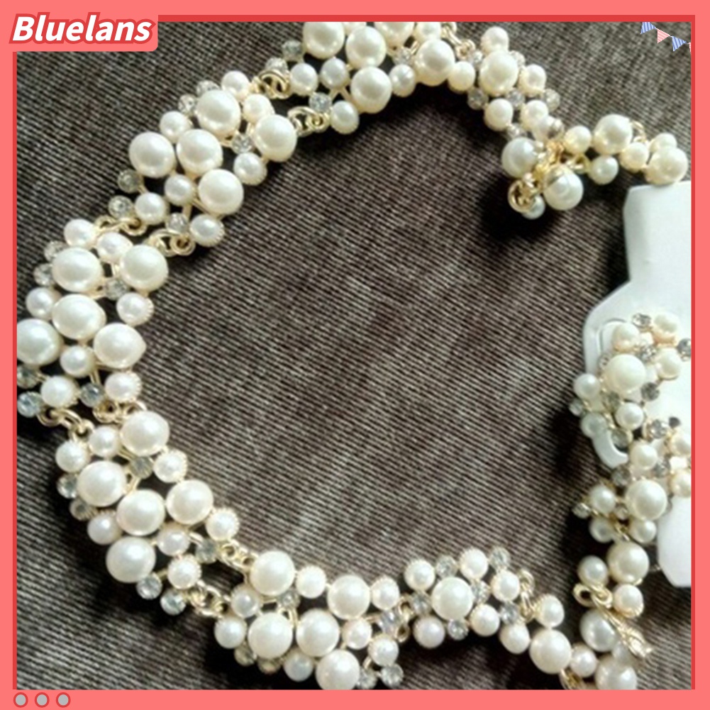 Bluelans 2Pcs / Set Kalung Dan Anting Mutiara Berlian Imitasi Untuk Wanita