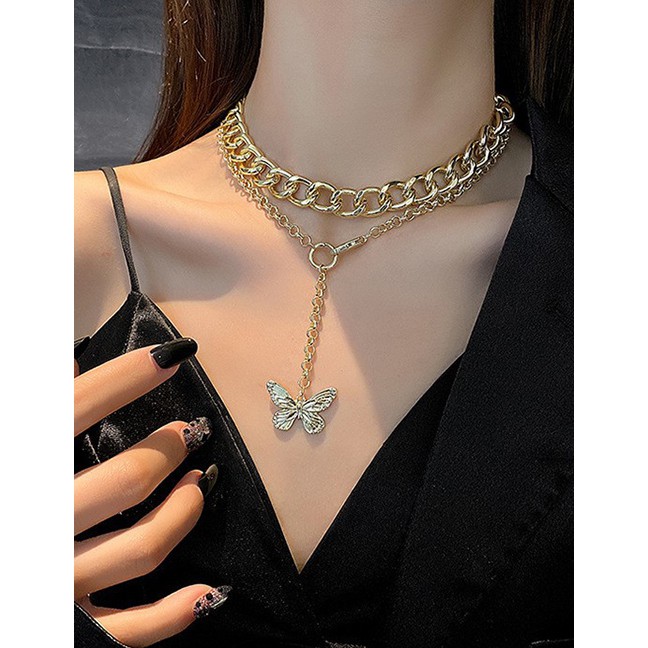 LRC Kalung Fashion Double Thick Chain Butterfly Pendant Necklace P59842