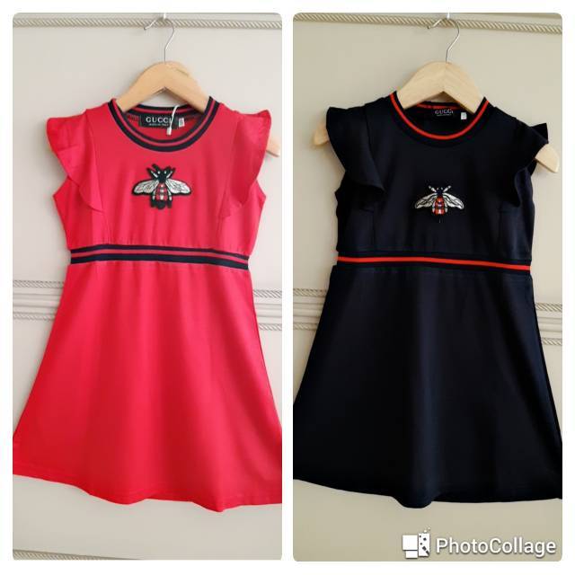 810085 BEE RUFFLE DRESS RED NAVY / GAUN CASUAL ANAK PEREMPUAN MERAH BIRU IMPORT KOREA MURAH LUCU