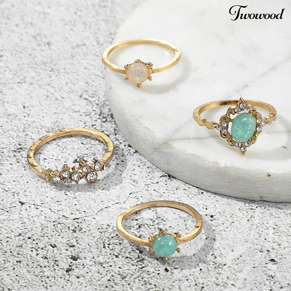 Twowood 4Pcs/Set Faux Gem Geometric Knuckle Rings Alloy Candy Color Stackable Finger Rings Jewelry Accessory