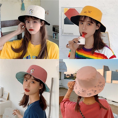 Fashion Cotton topi mancing Double-sided Bucket Hat Women Outdoor Sunscreen Simple Cute Fisherman's Hat