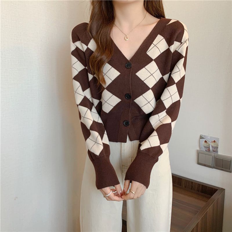 【BISA COD】Argyle V-Neck Longsleeve Knit Cardigan Korean Style Outer kardigan cewek ketupat lengan panjang rajut import-2