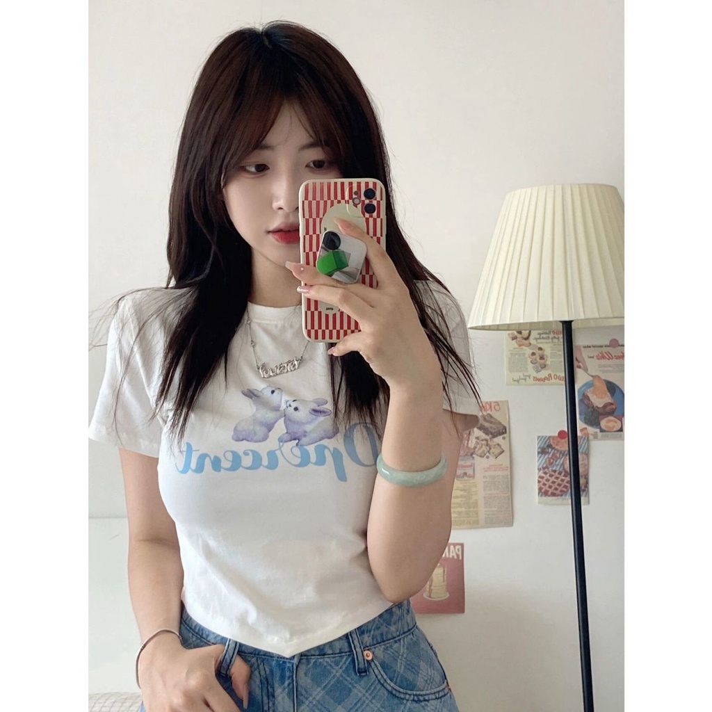 Cetak Kelinci Tidak Beraturan Lengan Pendek T-shirt Wanita Desain Rasa Musim Panas Baru Manis Gadis