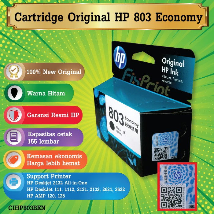 Cartridge HP 803 Black Original Economy Tinta Printer 1112 2132 3YP42AA New