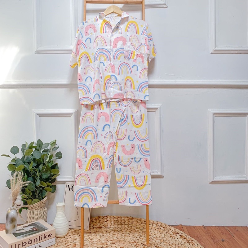 SETELAN LENGAN PENDEK PIYAMA BAJU TIDUR WANITA CEWEK BUSUI ONE SET RAYON MOTIF-KCPJ Rainbow