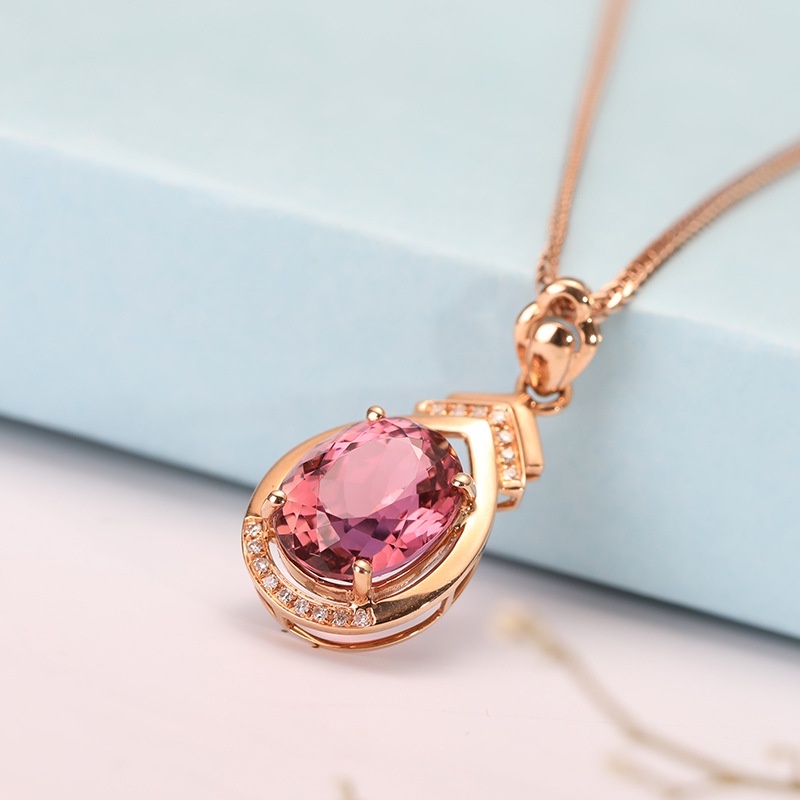 Goldkingdom Fashion Perhiasan 24 K Bangkok Aksesoris Ready Stock Brasil Merah Tourmaline Liontin 18 K Rose Gold Kalung Perempuan Permata Emas Asli Kadar 375 Berlian