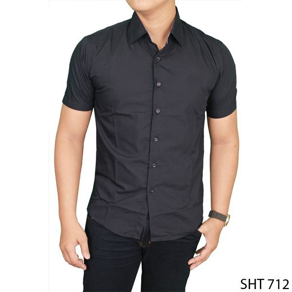 Mens Slimfit Short Formal Shirts Katun Hitam – SHT 712