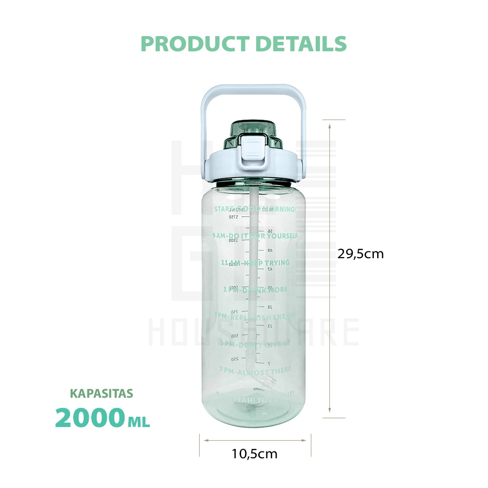 Botol Minum Motivasi 2 Liter Bening Jumbo Premium Quality Gratis Stiker HUGO