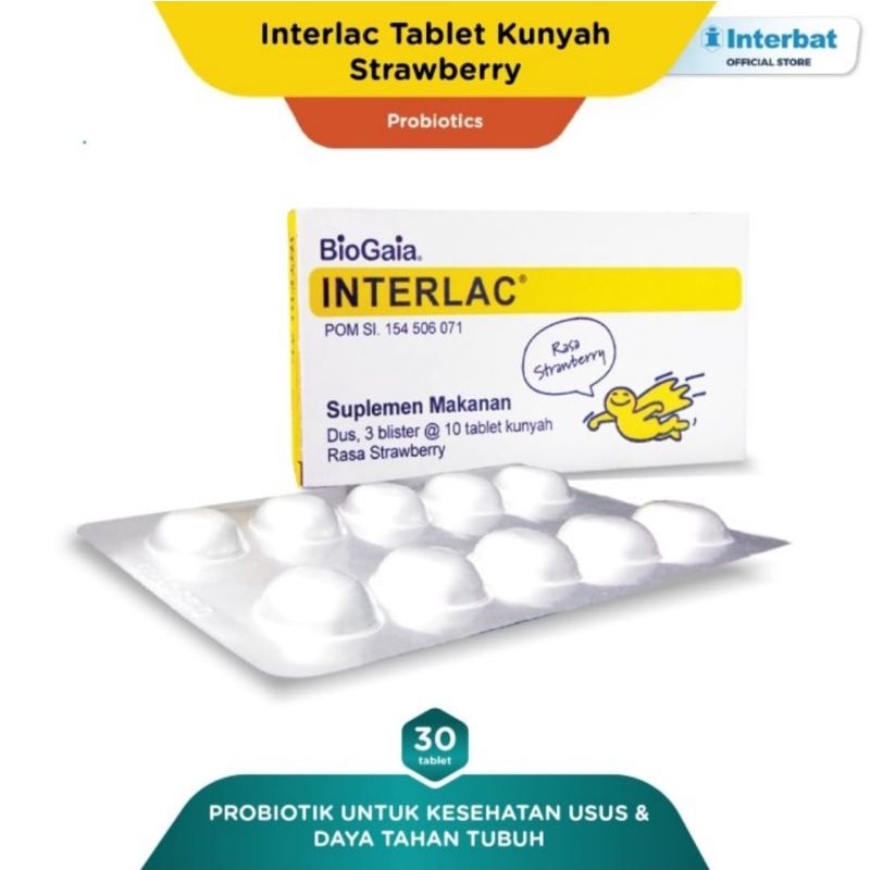 Interlac Probiotic Tablet Kunyah Strawberry 1box isi 3strip@10tablet/Suplemen Makanan