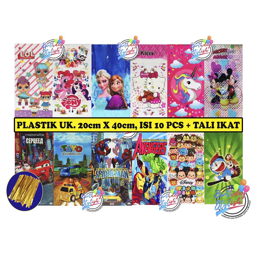 

Plastik Sedang Tayo Cars LOL Frozen Spiderman Kitty Pony/ Bingkisan Ulang Tahun Sedang Isi 10 Pcs