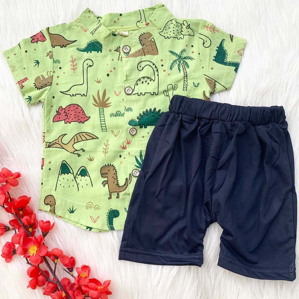 Baju setelan kemeja celana import lucu pergi jalan hangout fashion anak bayi cowok laki keren -imp jurassic