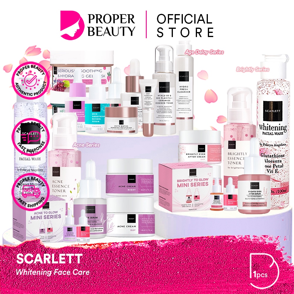 SCARLETT Whitening Face Series Indonesia / Facial Wash Essence Toner Serum Ampoule Day Night Cream Clay Mask Masker Gel Sunscreen Body Shower Scrub Lotion Shampoo Conditioner / Brightly Ever After Acne Mugwort Hydrating Paket Mini Full Set Pelembab Wajah