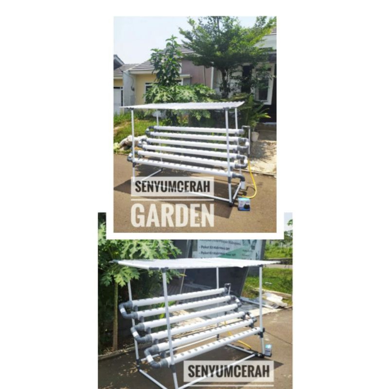 Kit Pipa power tanpa timbal paralon Hidroponik DFT 6 tingkat 2 meter + tiang + atap, 96 lubang