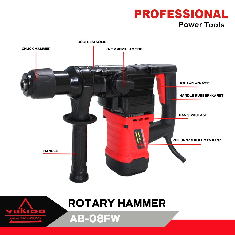 Yukido Rotary Hammer 26mm 2 Fungsi Hammer Drill Siap Pakai