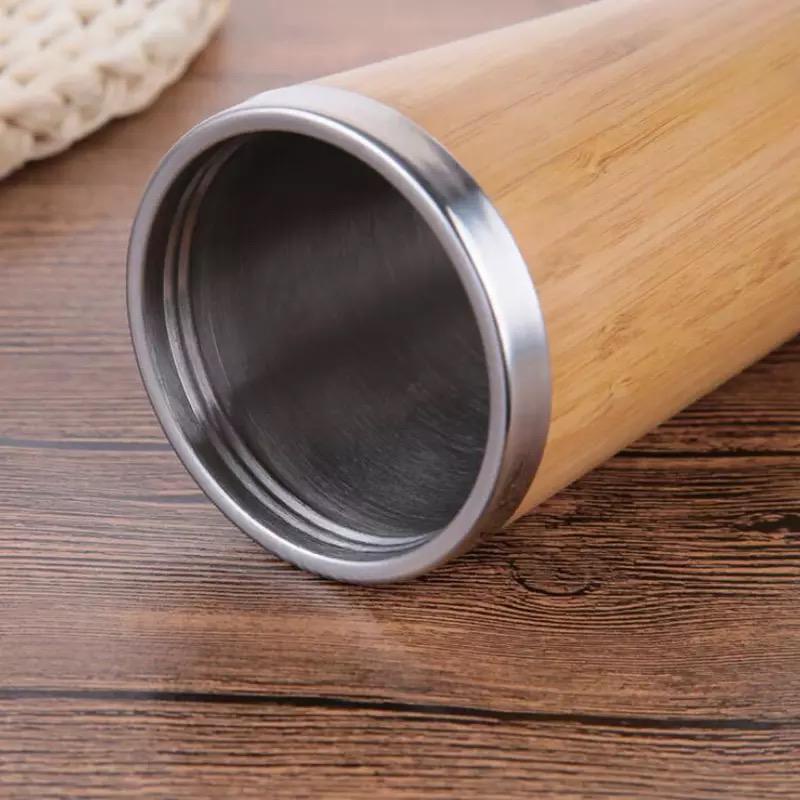 tumbler botol minum bambu 450ml / bamboo coffee cup travel stainless steel / natural mini thermos cup bamboo