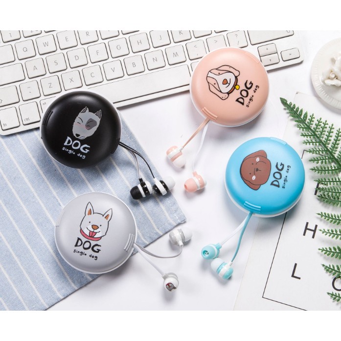 [A-81] Set Headset Earphone Anjing SINGLE DOG / Wadah Earphone Karakter Anjing Dog Lucu Bulat