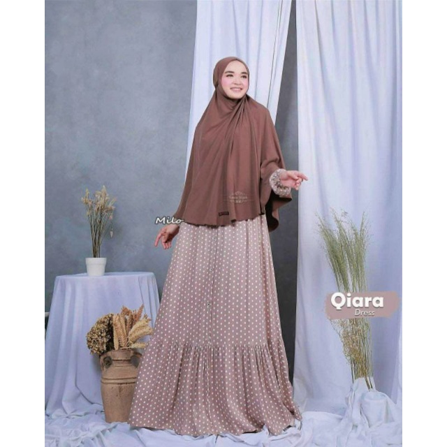 Qiara Dress - Gamis Terbaru Rempel Polkadot Rayon Premium Dress Dress Wanita Lengan Panjang Maxi Dress Klok Kekinian LD 110 cm