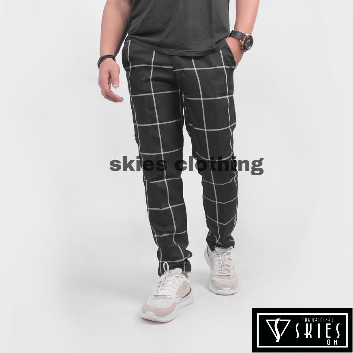 Celana Tartan Pria Hitam Slimfit Katun Semiwol Celana Kotak Pria Tartan Panjang Outfit Skies On Ori