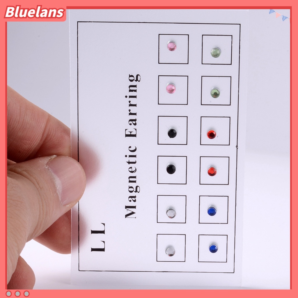 Bluelans 12Pcs Anting Stud Magnetik Berlian Imitasi Permukaan Halus Tanpa Tindik Untuk Wanita