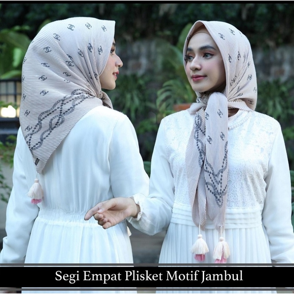 HIJAB SEGIEMPAT PLISKET VOAL TEPI LASER BY HUSNA SCARF JAMBUL POM-POMTASSEL MOTIF VIRAL POM-POM READY STOCK HARGA GROSIR