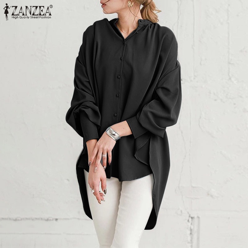 ZANZEA Women Plus Size Full Sleeved Elegant OL Solid Color Blouse Casual Loose Shirts