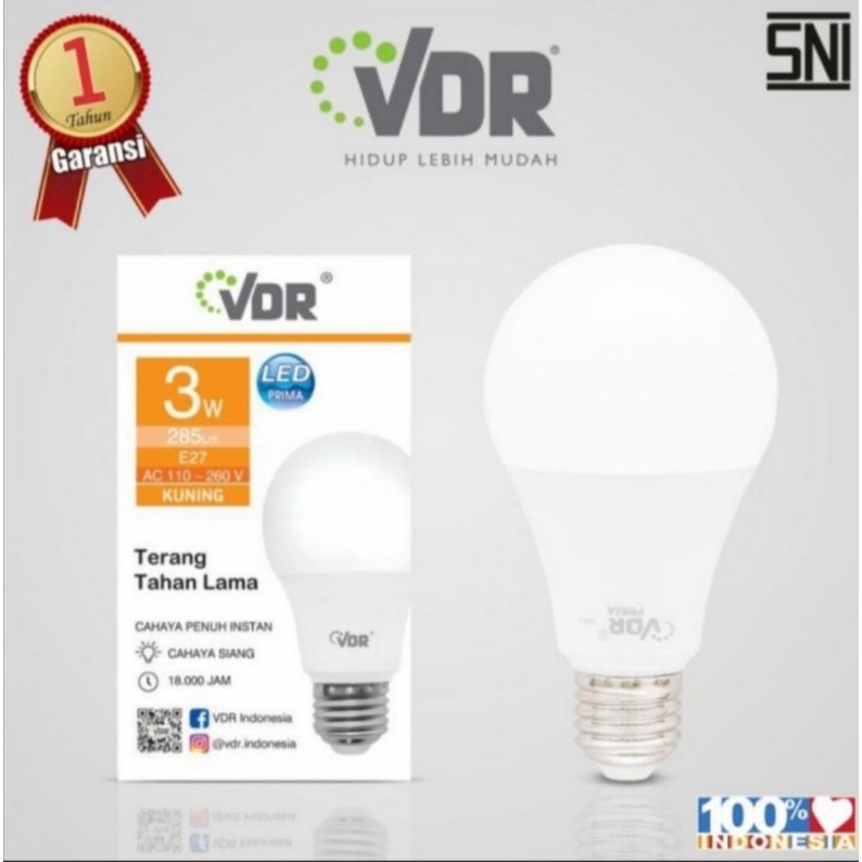 Bohlam Lampu 3 Watt PRIMA VDR Warm White / Kuning (Standar SNI)