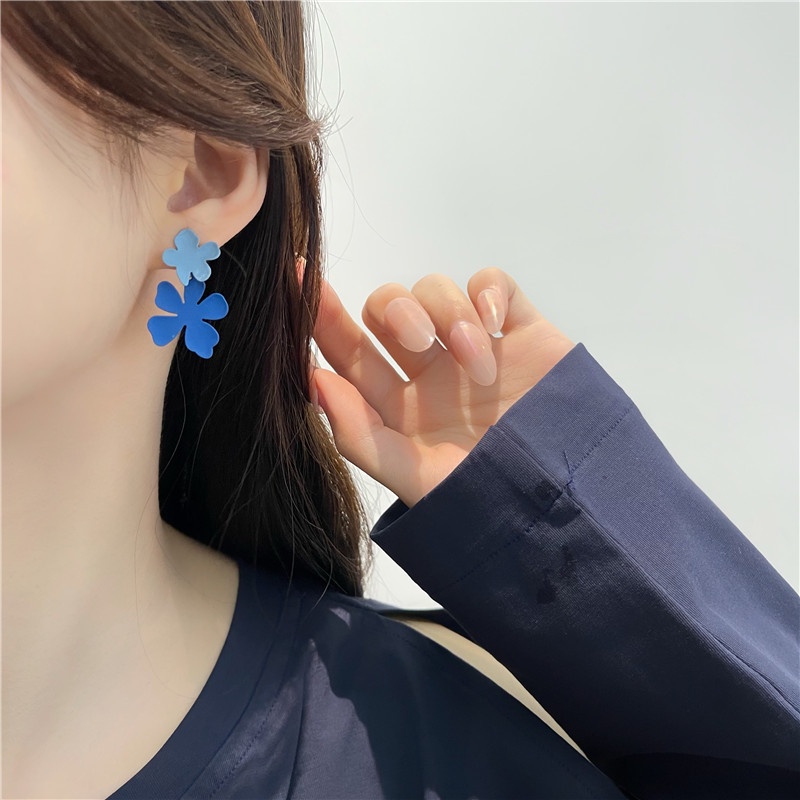 Sterling silver jarum biru bunga anting-anting elegan Super fairy 2021 Baru kancing klip telinga ant