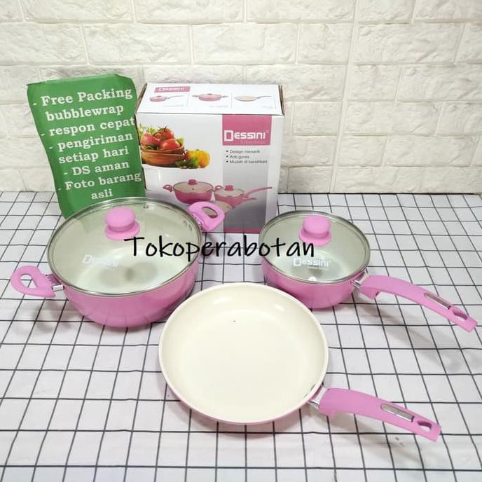 PANCI SET CERAMIC DESSINI 3IN1 (PINK) / FRYPAN / WAJAN ANTI LENGKET - MERAH MUDA