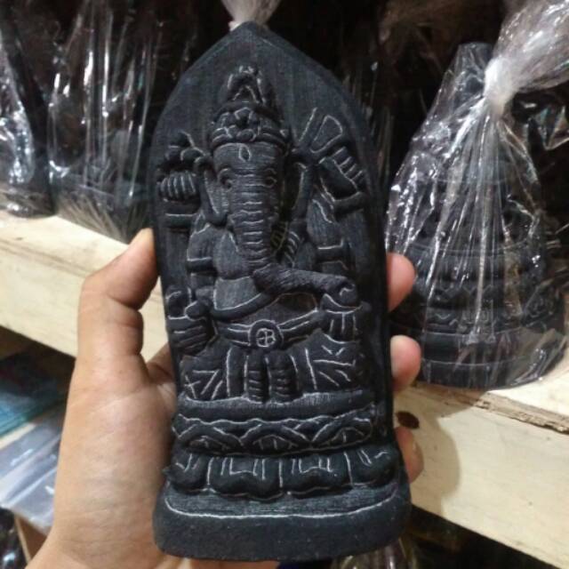 TERMURAH! Miniatur Patung Dewa Ganesha Dengan Tedeng Pelindung - Bahan Batu Candi Hitam Asli - Jogja