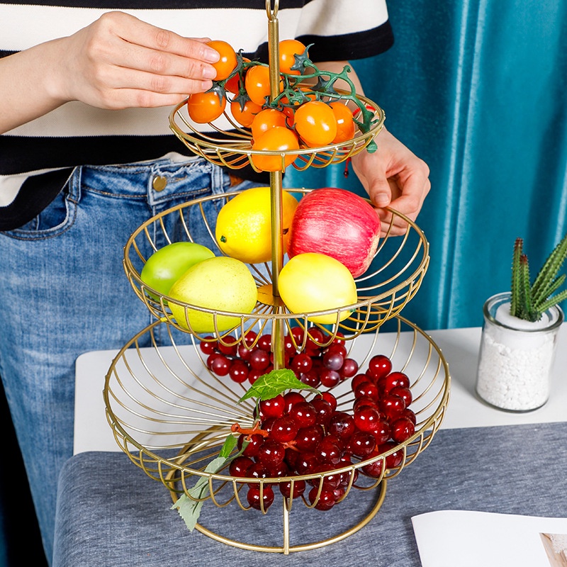 Keranjang Buah 3 Tingkat Gold / Keranjang Makanan / Fruit Basket Nordic / Keranjang Dapur Pajangan