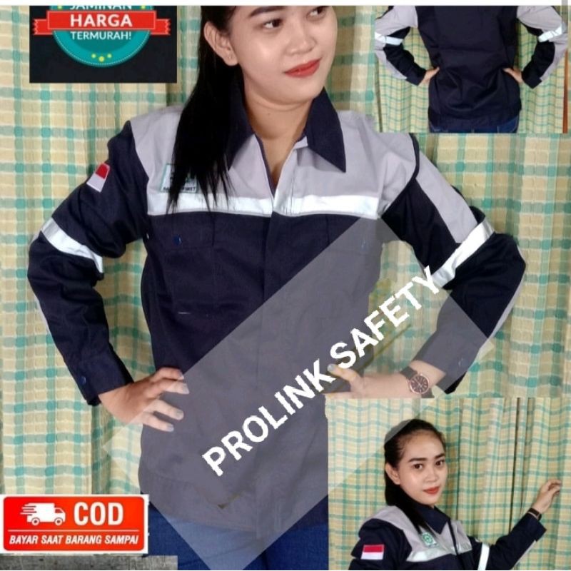 RESLETING BAJU SAFETY DONGKER GELAP CREM BERLOGO K3 BENDERA SERAGAM ATASAN WEARPACK