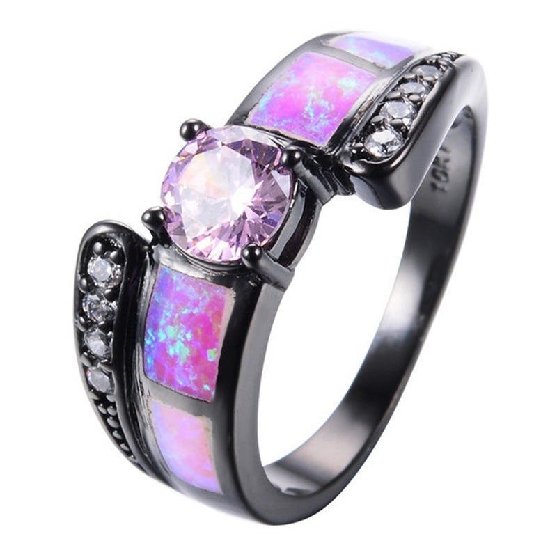 New black gold and pink round diamond opal ring