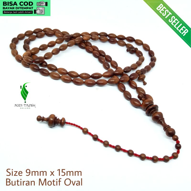 Tasbih Kayu Setigi Laut Asli Motif Oval Size 9mm x 15mm Super,