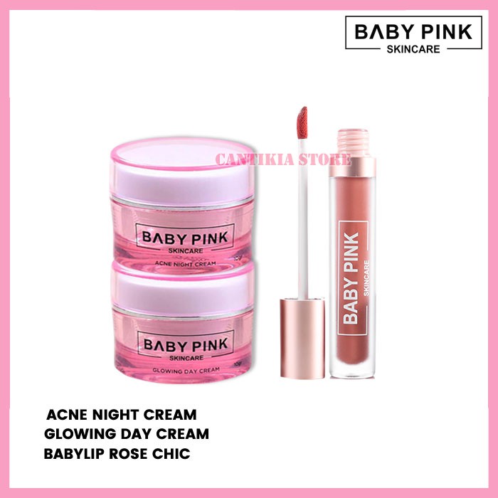 Acne Night Cream & Glowing Day Cream & Babylip Rose Chic Baby Pink Skincare Original BPOM