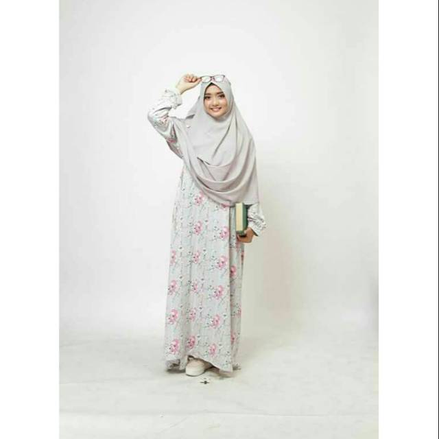 Sale Gamis Cantik Syari Motif Bunga Grey Aisyah Royal Satin by Shaliha Hijab