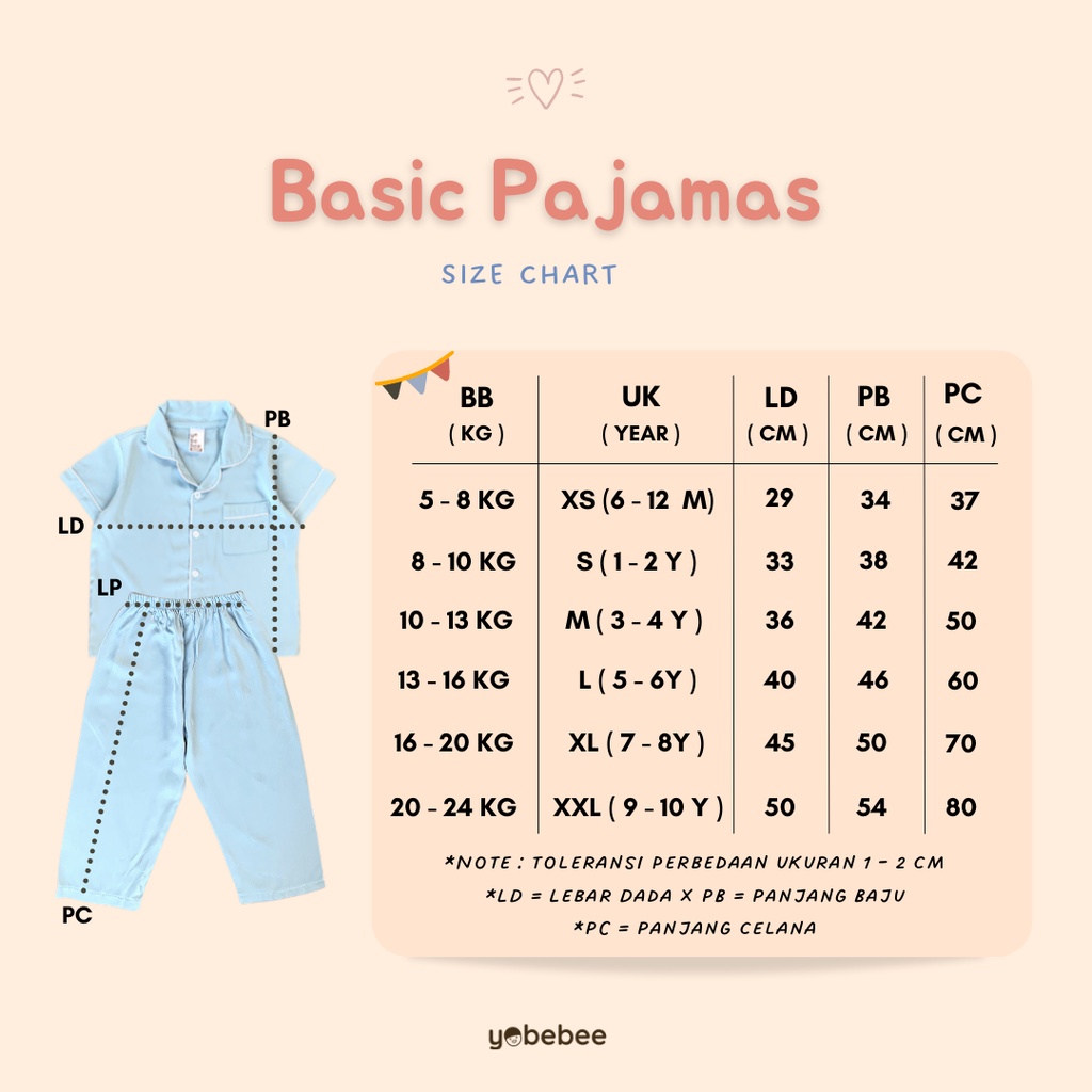 Yobebee Piyama Katun Lembut Bayi dan Anak Usia 1 2 3 4 6 8 10 Tahun Baju Tidur One Set Pajamas Kids Basic Polos Cotton Rayon Silk Model Tangan Pendek Baju Harian Santai Anak Laki Laki Perempuan Cewek Cowok