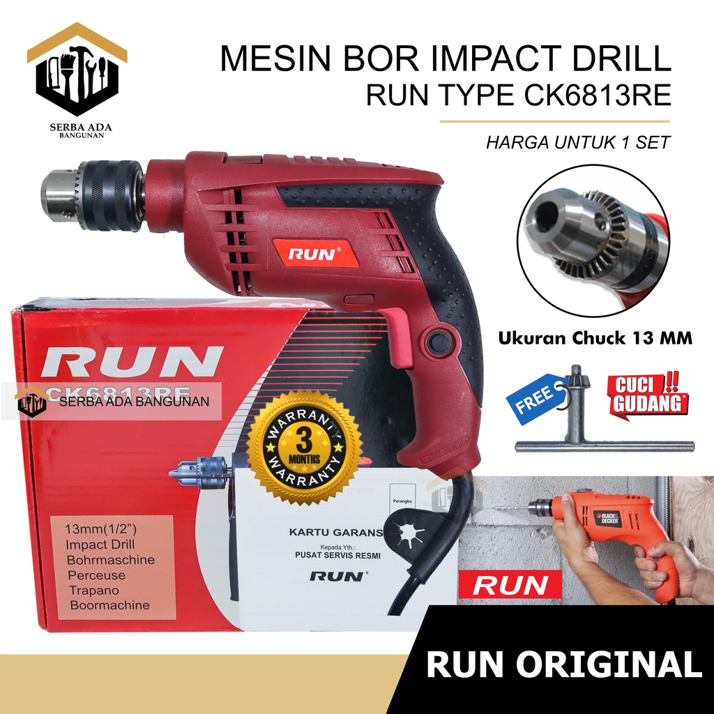 Mesin Bor RUN Impact Drill 10mm 13mm Set Reversible Mesin Bor Tangan Listrik