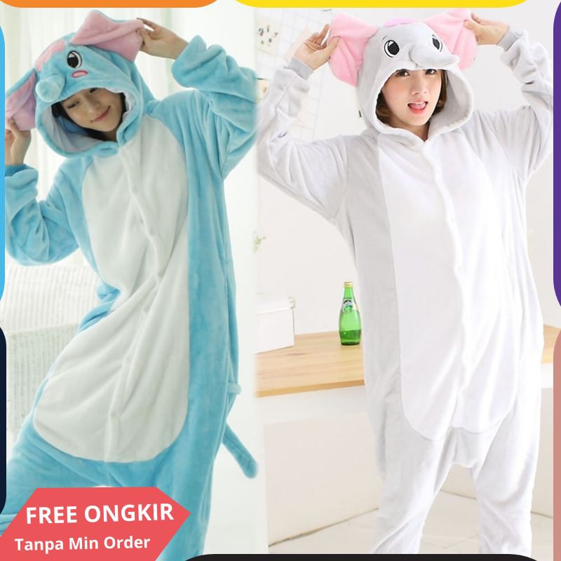 Dewasa Kigurumi Onesie Anime Wanita Kostum Gajah Halloween Cosplay Kartun Hewan Baju Tidur Musim
