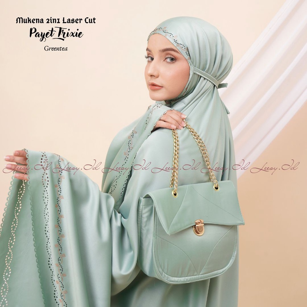 Mukena Dewasa 2In1 Laser Cut Payet Trixie (Tas Rantai) mukena cantik,mukena elegan,mukena adem,muken