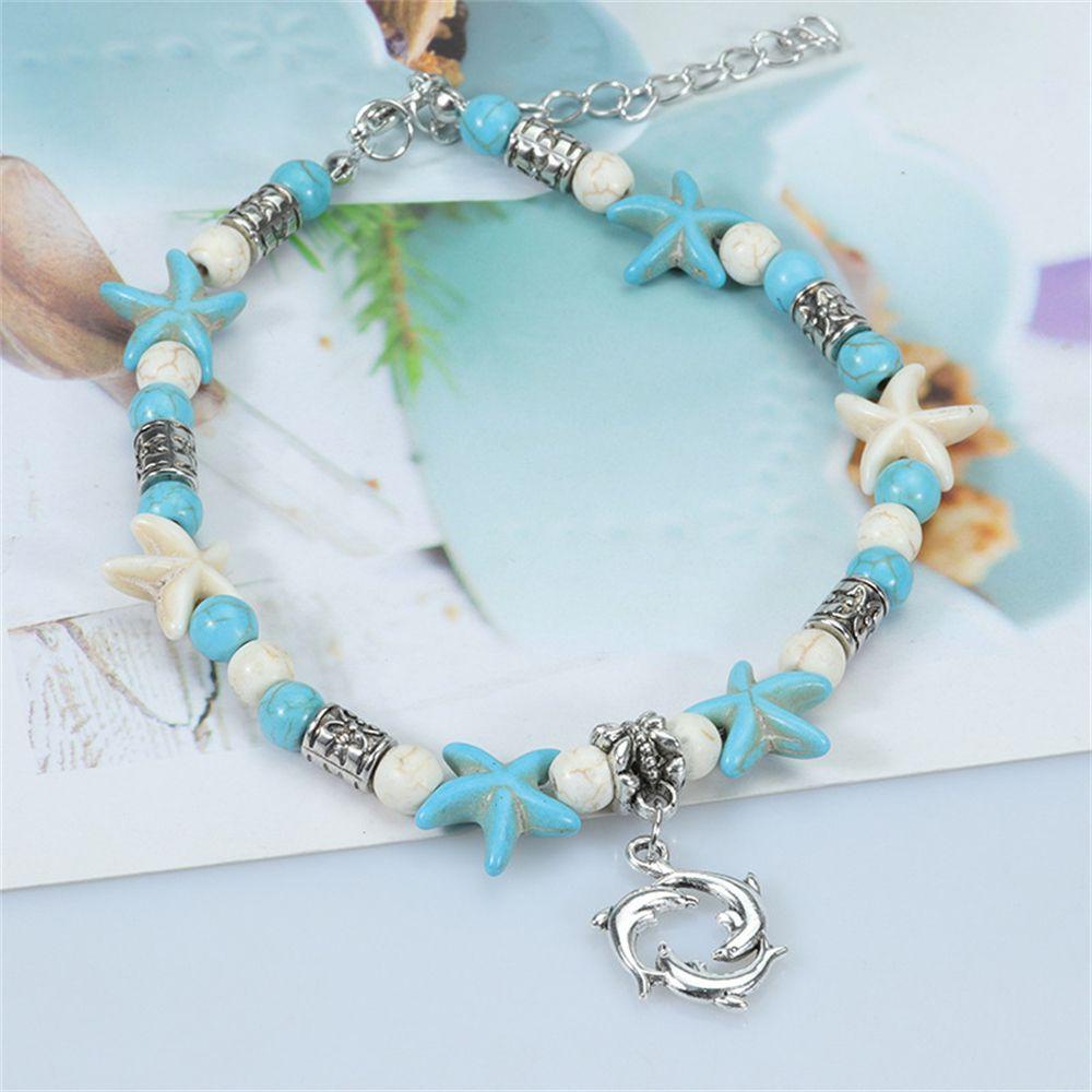 Solighter Turtle Gelang Kaki Shell Bintang Laut Adjustable Double-deck Drop Rantai Ocean Pendant Couple Anklet Foot Chain