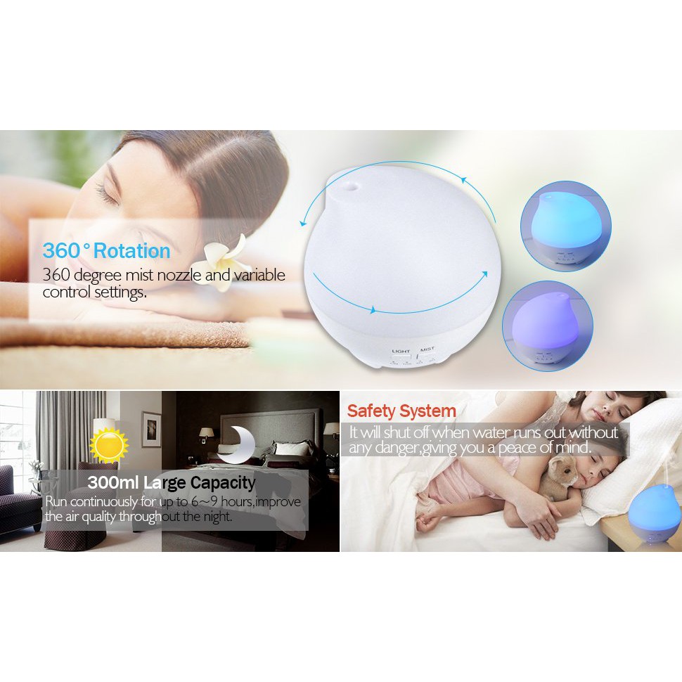 Waterdrop Air Humidifier Aroma Oil Diffuser Light 7 Colours - 300ml