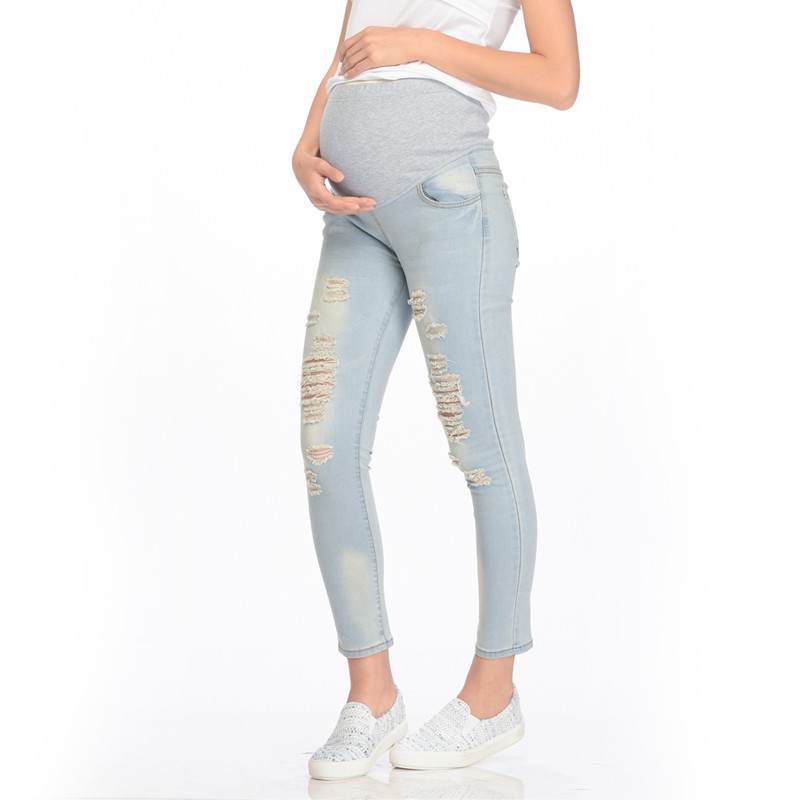 MOOIMOM Skinny Maternity Jeans With Rips Celana Panjang Hamil - Blue