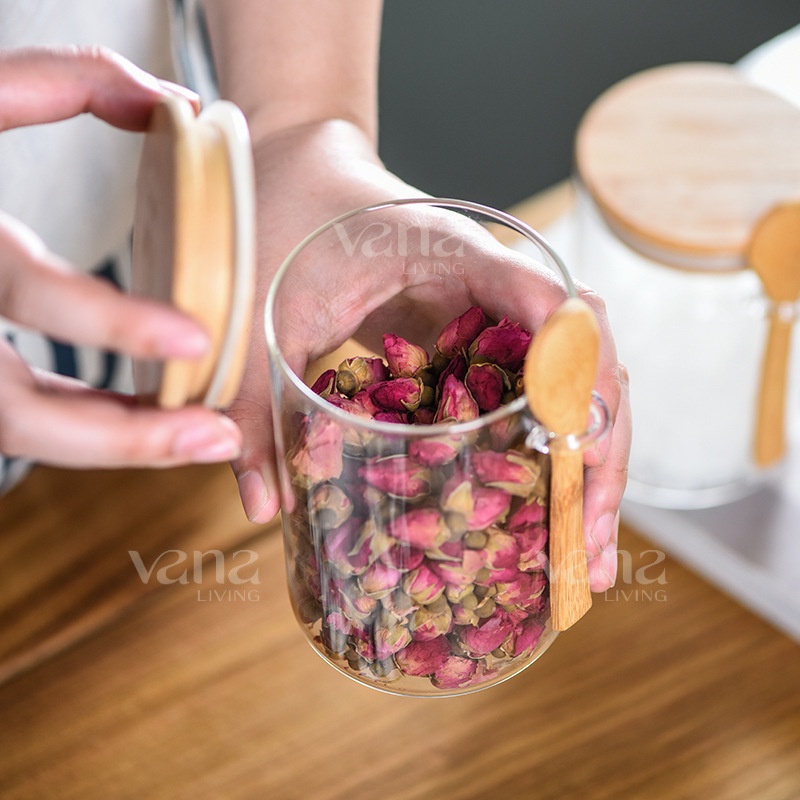 Vana Toples Bumbu Kaca Tutup Bambu Aesthetic Dengan Sendok Dan Tempat Gantungan Serbaguna Kedap Udara Untuk Teh Kopi Gula