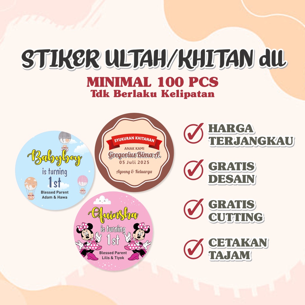 

Label Stiker Ulang Tahun Khitan Lahiran Kemasan Produk Makanan Custom Murah