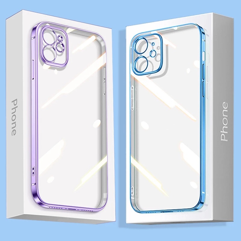 【Sierra Blue】Luxury Plating Square Frame Soft Silicone Case for iPhone 11 12 13 Pro Max XR X XS MAX  Transparent Cover