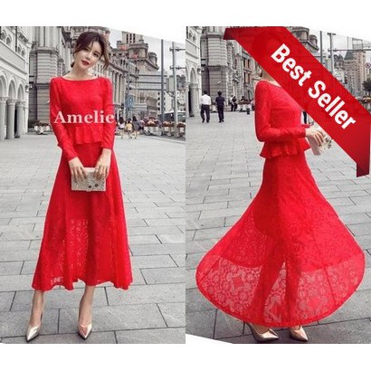 HOT Dress Import Long Gaun Pesta Lengan Lace Brukat Korea Black Red Merah Wanita Murah