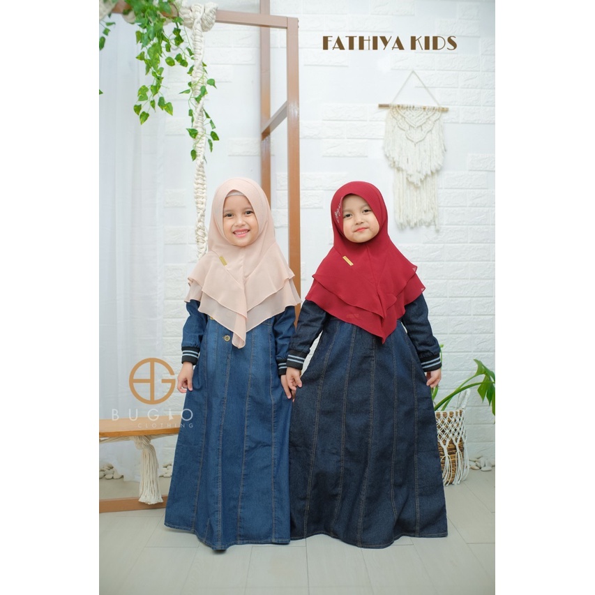 Bugio Clothing Fathiya Kids Gamis Denim Dress Jeans Pakaian Muslim Anak Perempuan griya mey