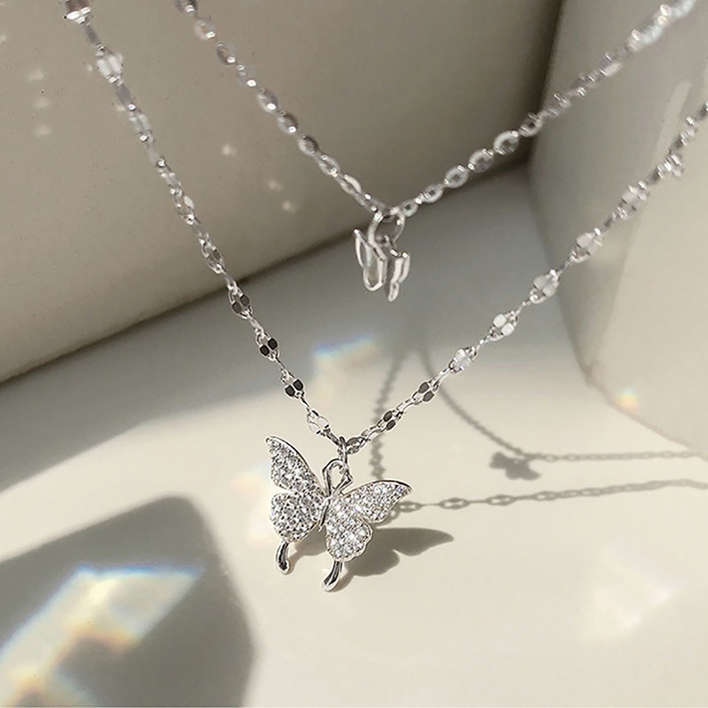 Hu Hu Hu Hu Hu Alat Bantu Pasang Kacamata♡ Butterfly Kalung Rantai Klavikula Liontin Kupu-Kupu Lapisan Ganda Bahan Alloy Tahan Karat Untuk Wanita